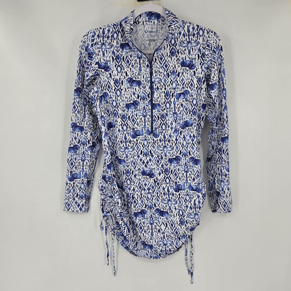 IBKUL Half Zip Pullover Womens Small Blue Elephant Long Sleeve Ruched Tunic